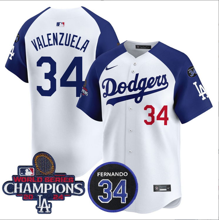 Men MLB Los Angeles Dodgers #34 Valenzuela white 2024 World Series Champions Patch Limited Jersey style 2->los angeles dodgers->MLB Jersey
